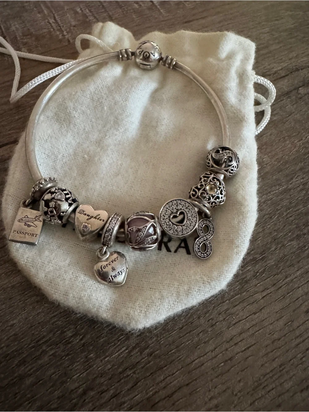 Pandora Silver Charm Bracelet with Heart, Infinity and Travel Charms